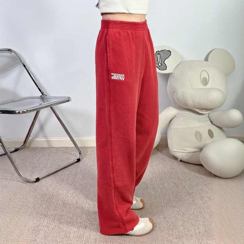 2026 Early Spring New Style Lazy Style Letter Print All-Cotton Straight-Leg Pants True Red Loose Casual Sweatpants for Women