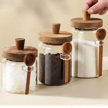 Coffee storage coffee jar high borosilicon bean glass-like fashion sense wood lid anti-flavor bottle 567 kitchen grain storage