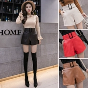 Quần short da cạp cao nữ 2018 mới rộng chân một từ là mùa thu mỏng và mùa đông quần da pu rộng ngoài hoang dã mặc quần bốt