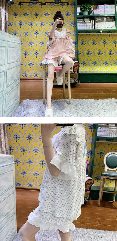 Màu hồng nho cotton mùa hè nữ pijama hai mảnh ngắn tay chấm bi dễ thương sinh viên mặc nhà cotton mỏng - Giống cái