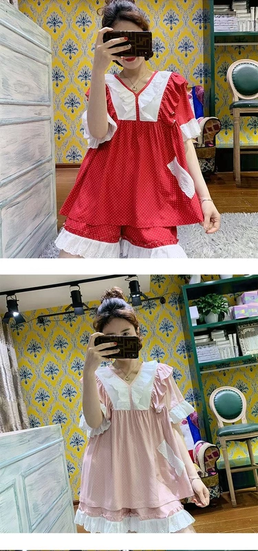 Màu hồng nho cotton mùa hè nữ pijama hai mảnh ngắn tay chấm bi dễ thương sinh viên mặc nhà cotton mỏng - Giống cái