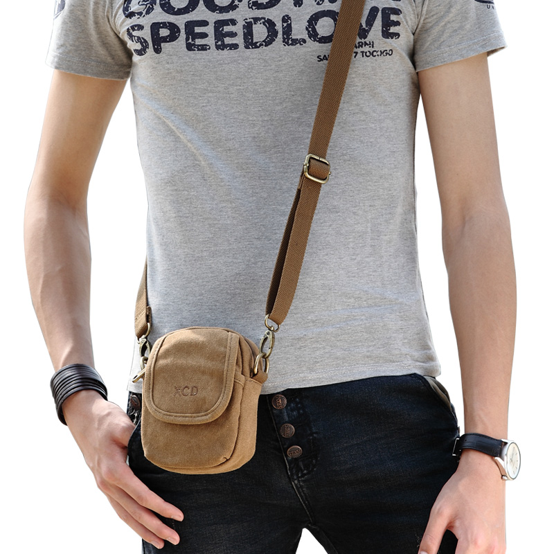 Men's single shoulder diagonal satchel canvas multifunction mobile phone pocket Men's bag Sport Leisure Mini hanging bag Little shoulder bag