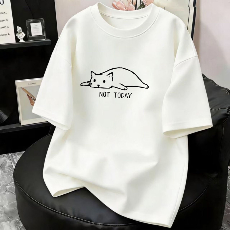 Casual Style Pullover American Trendy Cat Print Short-Sleeved T-Shirt for Men and Women Loose and Versatile White Top for Summer