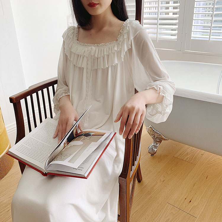 pinkgoddess court nightdress spring and autumn retro lace home service princess wind ice silk pajamas women autumn and winter