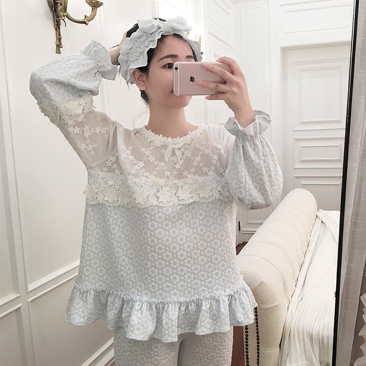 Homewear set women's autumn and winter long sleeves long pants pajamas women Korean version cute lace cotton sweet pajamas spring and autumn