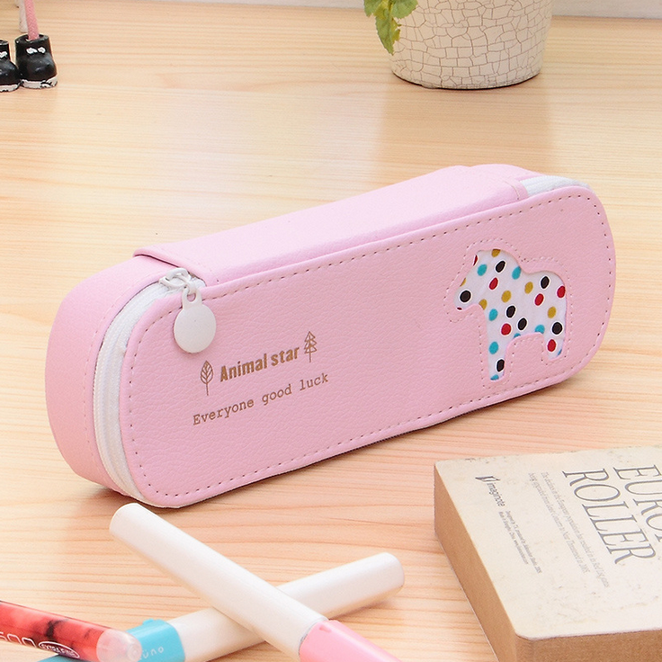 Cute animal leather pencil bag Primary school stationery bag Kindergarten stationery box female simple children's pencil box male