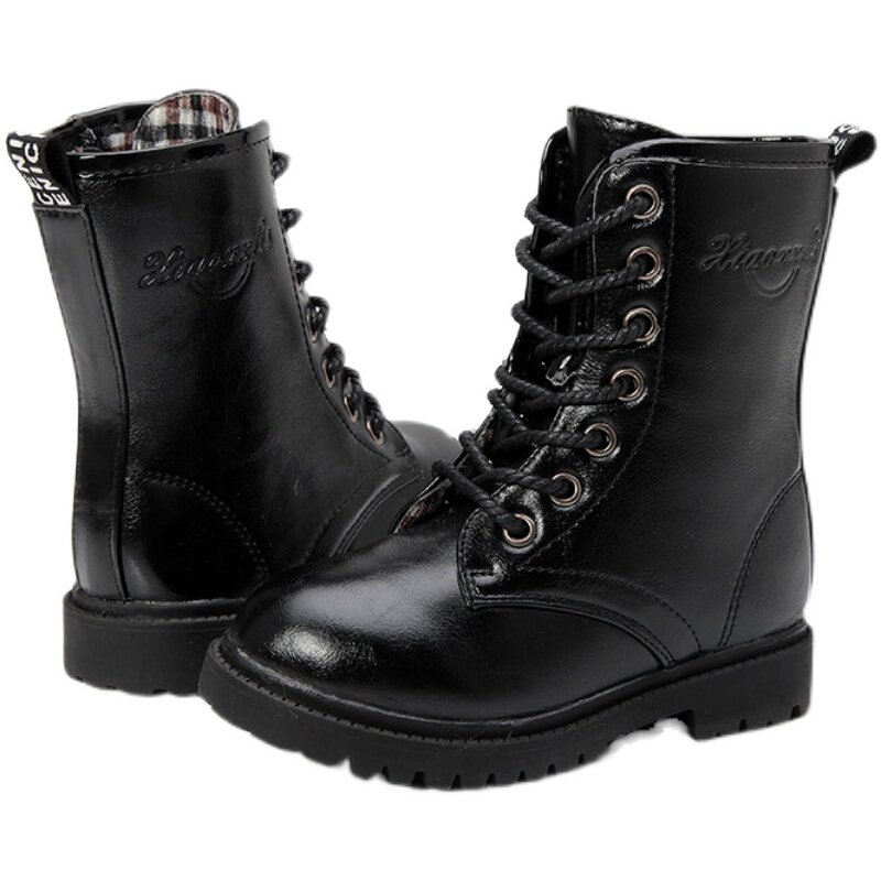 Children's Martin boots boys and girls four seasons leather shoes students singing performance stage side zipper middle boots black shoes