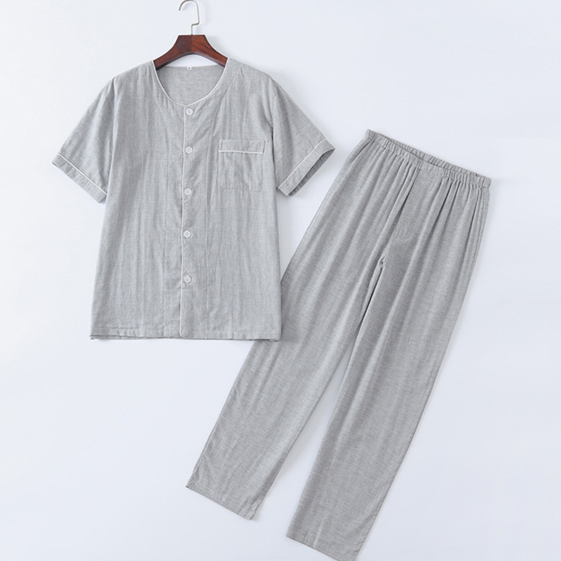 Muej Unprinted Pajamas Men's Short-Sleeved Spring and Summer Round Neck Couple Home Clothes Women's Pure Cotton Double-Layer Gauze Couple Set Muej Unprinted Pajamas Men's Short-Sleeved Spring and Summer Round Neck Couple Home Clothes Women's Pure Cotton Double-Layer Gauze Couple Set