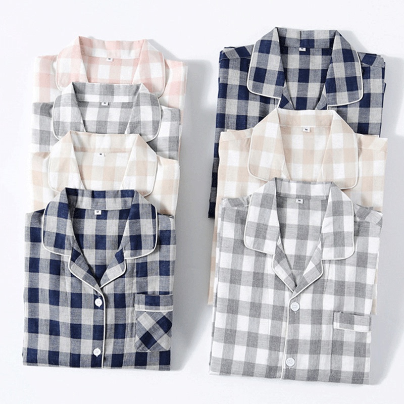 Muej Spring, Autumn, and Summer Pajamas for Men and Women, Long-Sleeved Double-Layer Gauze Pure Cotton Plaid Loungewear, Couple's All-Cotton Thin Set