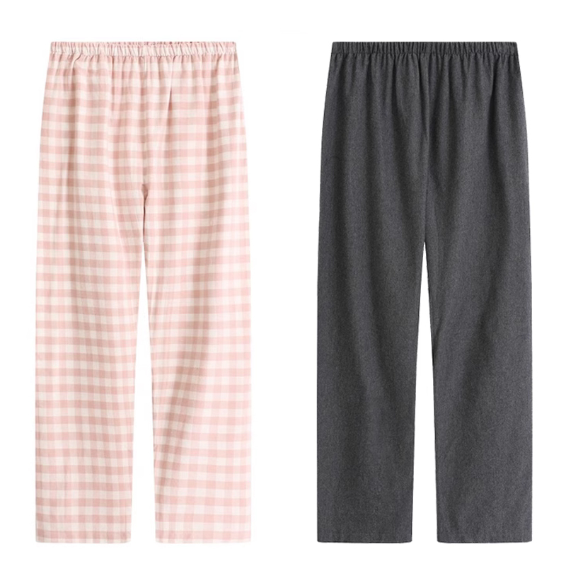 Muej Japanese-Style Women's Cotton Flannel Plaid Autumn and Winter Home Pants Couple's Loose Straight-Leg Long Pants Men