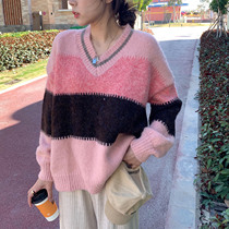 2021 - autumn and winter new V - collar alpaca - hair wire design relaxed gentle lazy wind sweater