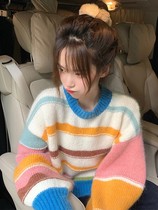 The gentle college wind rainbow striped marine knitting sweater in autumn 2021 new lazy loose gas sweater