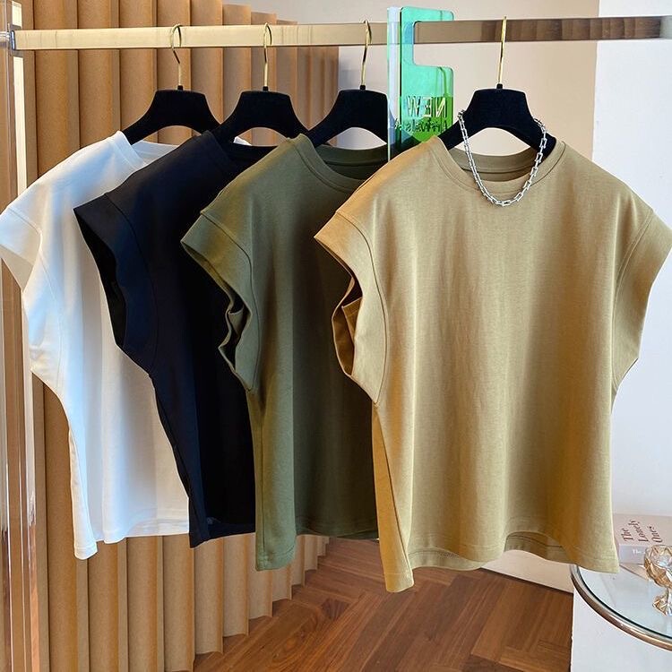 American-Style Sleeveless Vest for Men, Summer Outerwear, Solid Color T-Shirt, European Style, Loose Fit, Regular Shoulder, Unique Flutter-Sleeve Top