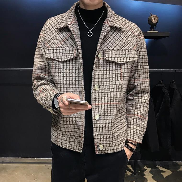 Tide brand coat men's winter Korean version of the new houndstooth plaid coat youth slim top short section plus cotton windbreaker