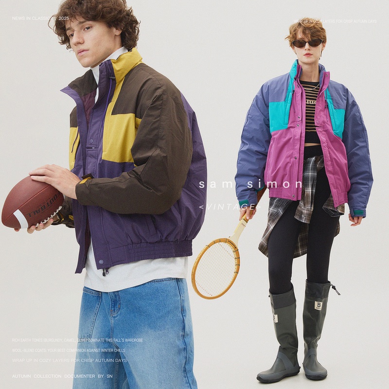 Sam Simon/Sporty Retro Preppy Style Patchwork Outdoor Stand-Up Collar down Jacket, Unisex