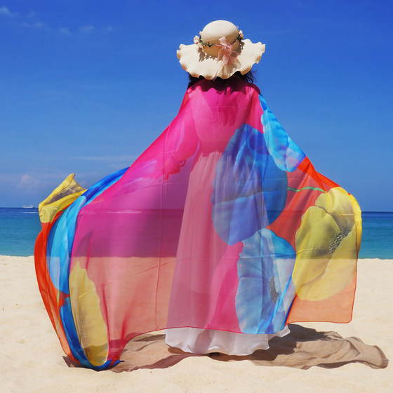 Slightly defective beach towel, oversized summer sun protection silk scarf, chiffon gauze scarf, shawl, Sanya seaside, Hainan travel sunshade