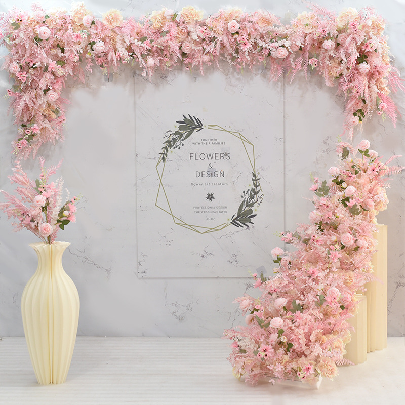Wedding simulation pollen flower rows hotel wedding hall background wall shadow window decorated flower silk flower road guide props