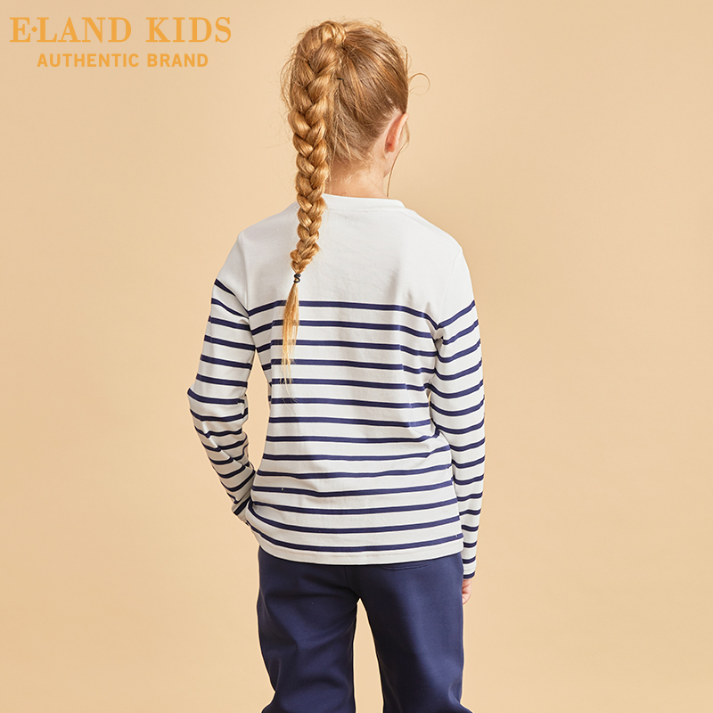 Elandkids mặc ấu dâm cô gái mùa thu mới vòng cổ áo khâu sọc dài tay T-shirt.