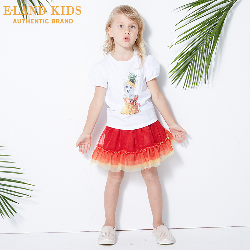 Cô gái quần tây giản dị Elandkids váy chỉnh sửa bé gái mùa xuân thêu rắn màu quần thể thao.