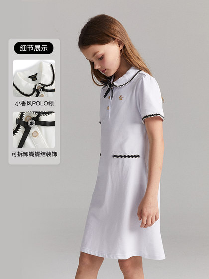 eland kids衣恋童装夏季女童小香风珠地Polo连衣裙