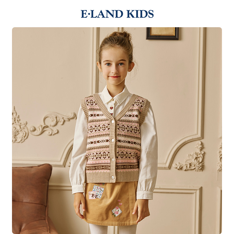 eland kids clothes romance children clothing 2023 Winter new girls Fashion retro jacquard V collar knit Machia-Taobao