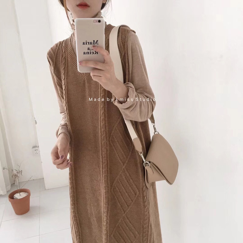 F và Z Hàn Quốc mùa thu và mùa đông xếp chồng xoắn V-cổ len mix áo len không tay đan váy nữ áo len nữ cộc tay