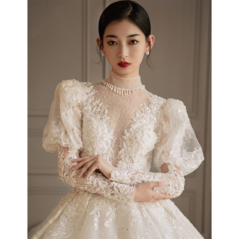 Long Sleeve Bridal Main Wedding Dress 2022 New Advanced Texture Lavish Reworked Vintage Style V Collar Great Trailing Summer