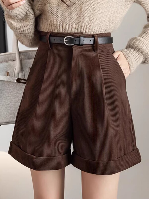 Corduroy Rolled Hem Straight-Leg Shorts for Women, Autumn and Winter 2023 New Style, Loose Fit, Slimming Wide-Leg Pants, Casual Pants ins