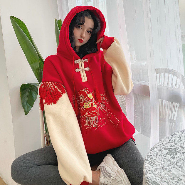 Chinese style ins super hot Tang suit improved hooded plus velvet loose sweater zodiac year red women's New Year's clothing winter
