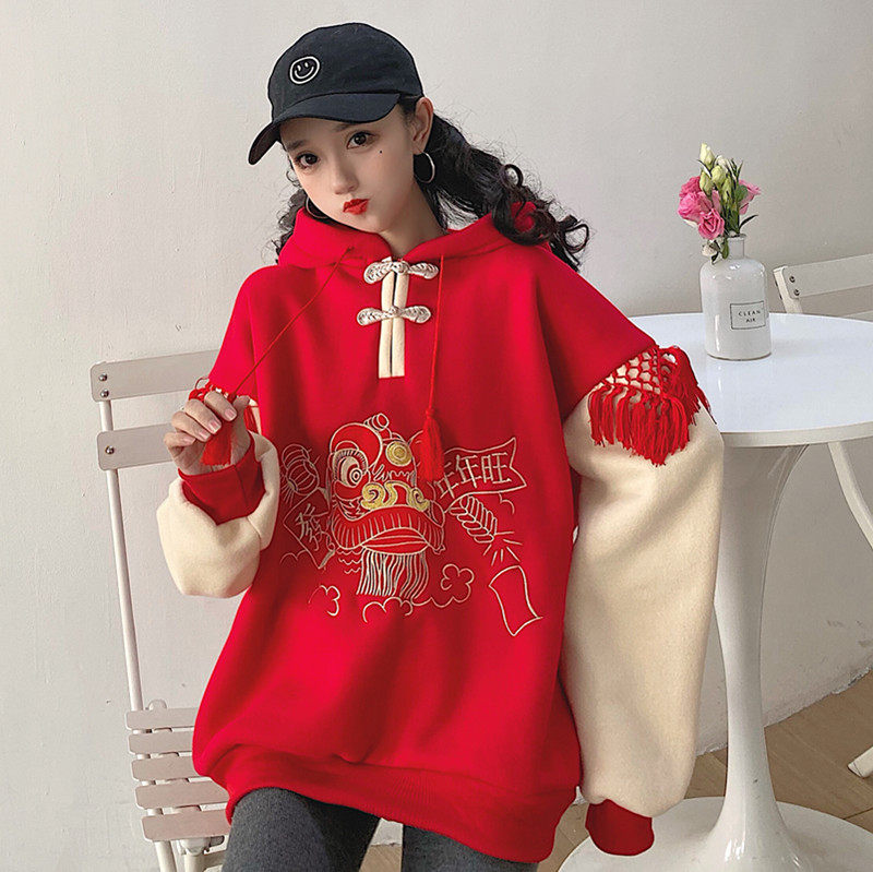 Chinese wind clothes women's Tang suit improved hooded plus velvet loose ins super fire sweater zodiac year red women's clothing winter