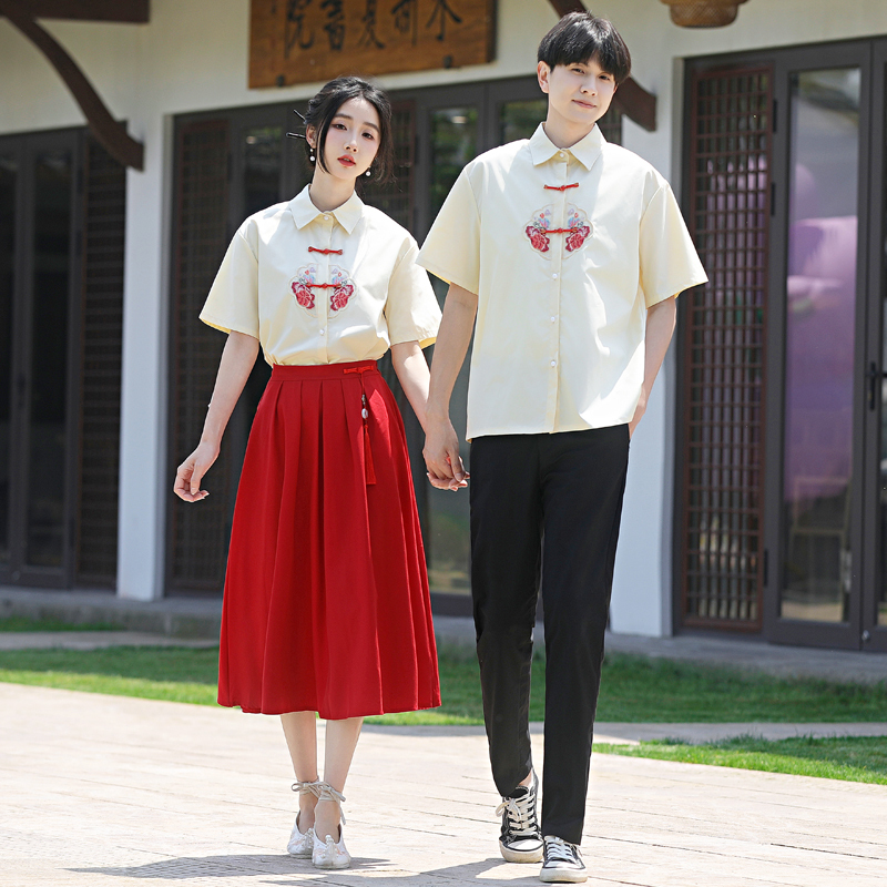 Poetry Recitation Performance Clothing for Middle and High School Students, New Chinese-Style Shirt Tops, Couple Outfits, Republic of China Style Student Class Uniforms, Summer Poetry Recitation Performance Clothing for Middle and High School Students, New Chinese-Style Shirt Tops, Couple Outfits, Republic of China Style Student Class Uniforms, Summer
