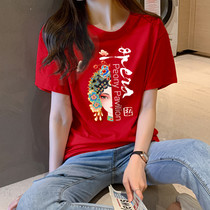 Chinese style short-sleeved womens facial makeup loose Korean version t-shirt womens national style cotton plus size womens half-sleeve body 桖 ins top