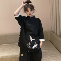 Summer short-sleeved suit Chinese style crane embroidery retro Tang suit improved casual loose Hanfu T-shirt top women
