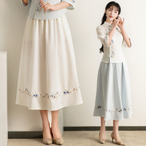 2021 spring and summer new Chinese style elastic waist skirt a-line skirt ethnic style embroidered girlfriends ladies midi skirt
