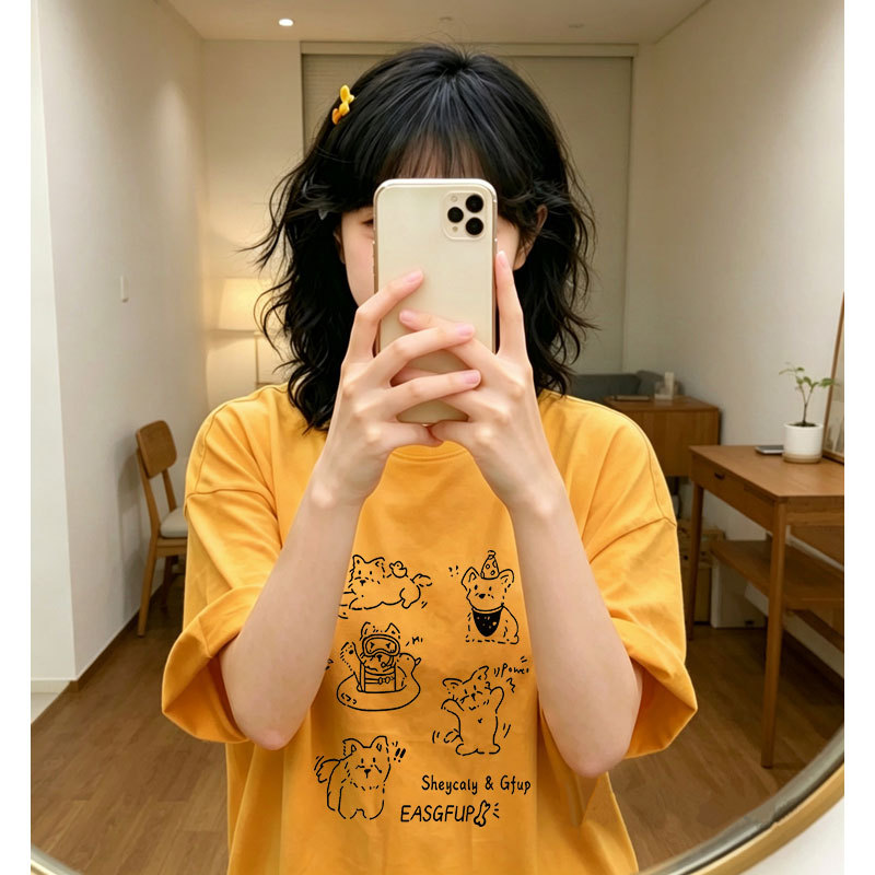 Pure Cotton Ginger Yellow Sweet Milk-Colored Short-Sleeve T-Shirt for Women, New Summer Style, Loose Oversize American-Style Half-Sleeve Top, Trendy