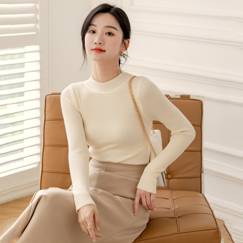 Knitted undershirt woman spring autumn and winter 2023 new foreign air inner lap half high collar sweater with long sleeves collar blouses-Taobao