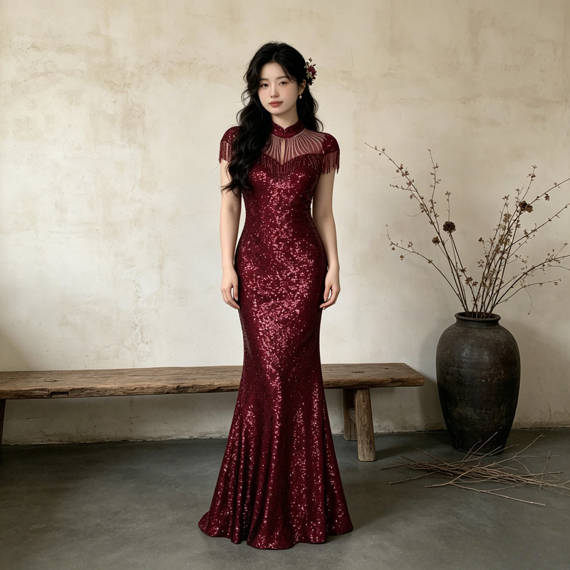 Wedding Banquet Hostess Wear Stand-Up Collar Mesh Tassel Cheongsam Dress All-Over Sequins Slim Waist Fishtail Hem Formal Dress Wedding Banquet Hostess Wear Stand-Up Collar Mesh Tassel Cheongsam Dress All-Over Sequins Slim Waist Fishtail Hem Formal Dress