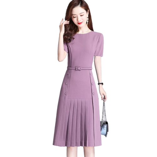 Летнее длинное платье, приталенная сиреневая цветная элитная юбка в складку, коллекция 2023, городской стиль, средней длины