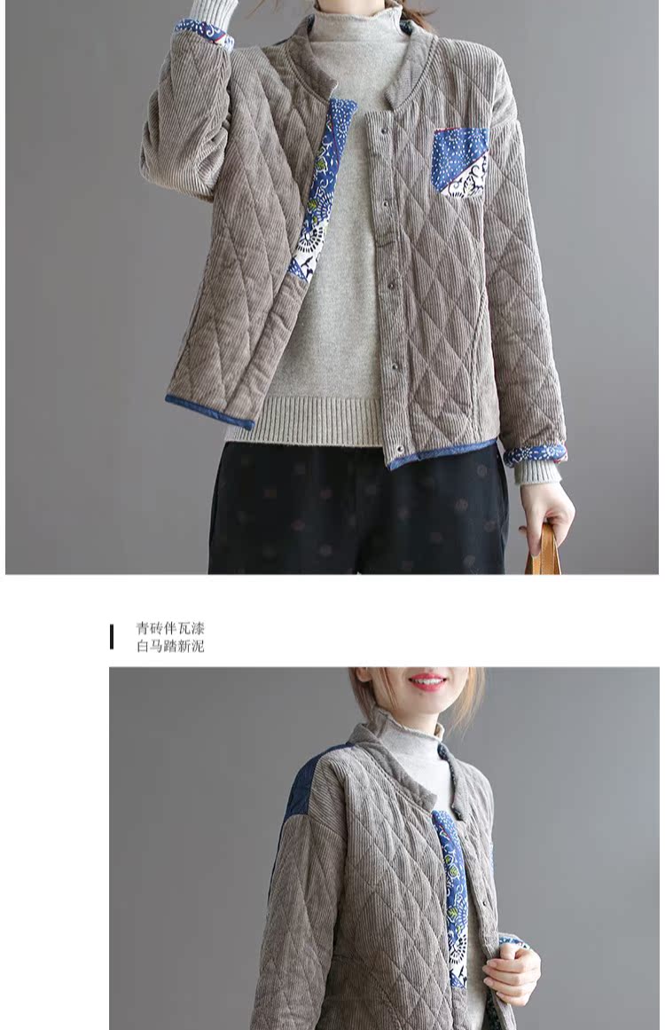 Dale 2018 mùa đông mới áo khoác cotton nhung kẻ sọc nữ denim vá quốc gia cotton ngắn áo khoác cotton áo ấm phao nữ