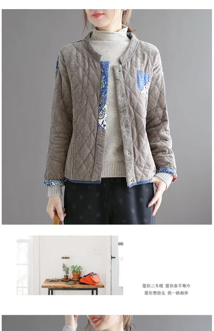 Dale 2018 mùa đông mới áo khoác cotton nhung kẻ sọc nữ denim vá quốc gia cotton ngắn áo khoác cotton áo ấm phao nữ