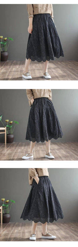 Tweetser văn học gốc retro lỏng lẻo mỏng dài rắn màu váy nữ thun eo váy cotton rỗng - Váy