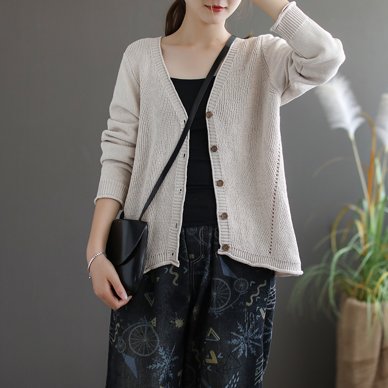 Dale gốc văn học và nghệ thuật cổ điển vào mùa xuân và mùa thu rắn màu dệt kim nữ cardigan lỏng hiển thị mỏng cổ chữ V đơn hàng dòng nút bông hàng đầu