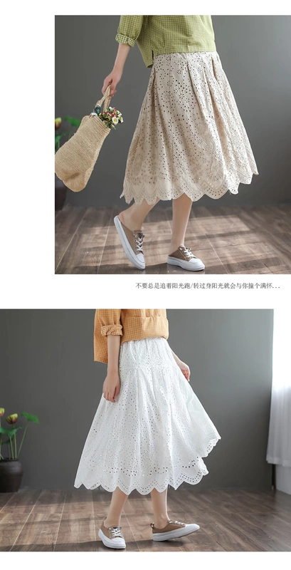 Tweetser văn học gốc retro lỏng lẻo mỏng dài rắn màu váy nữ thun eo váy cotton rỗng - Váy