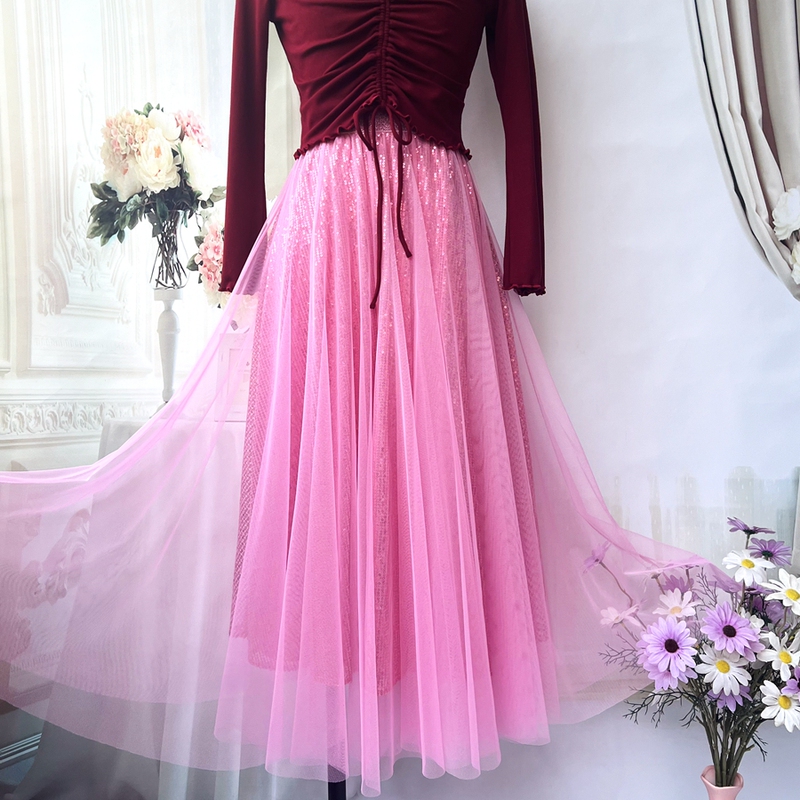 Rose Pink Half-Length Skirt for Women, Mesh Long Skirt, A-Line High-Waisted, Heavy Sequin Embellishment, 720-Degree Flared Skirt, Rose Red Skirt