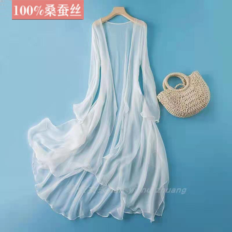 High-End 100% Silk Sun Protection Cardigan for Women, Mid-Length Summer Thin Long Windbreaker, Mulberry Silk Flowing Shawl Jacket High-End 100% Silk Sun Protection Cardigan for Women, Mid-Length Summer Thin Long Windbreaker, Mulberry Silk Flowing Shawl Jacket