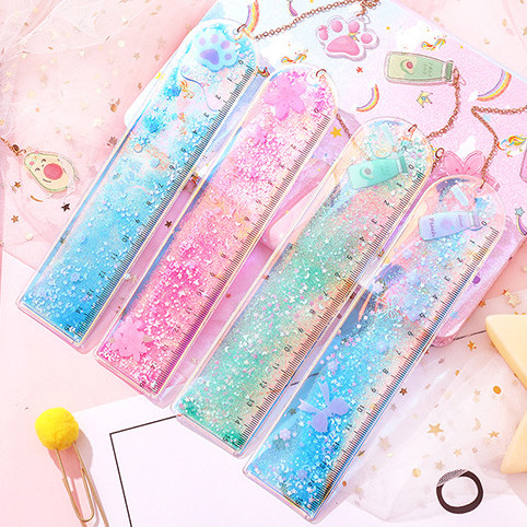 Cute stationery oil quicksand bookmark ruler cute laser girl ruler creative multi-functional student stationery scale ruler boxed ruler