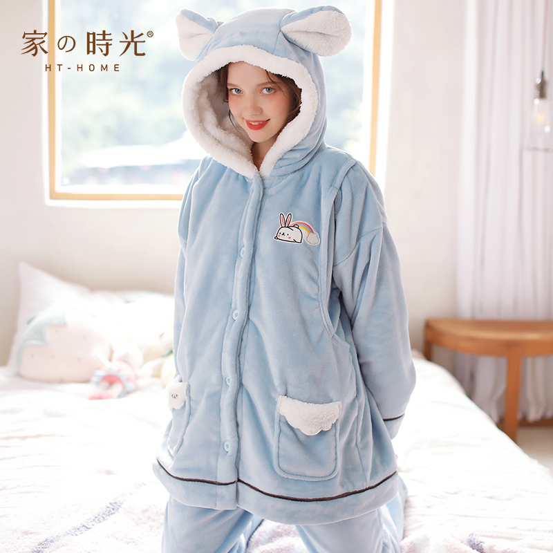 Pregnant women's pajamas autumn and winter coral fleece postpartum nursing clothing monthly clothing winter warm padded plus velvet nursing home clothing