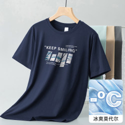 Modal Men's Short-Sleeved T-Shirt, Summer Thin Round-Neck Half-Sleeve Printed Top, Quick-Drying Ice Silk Cool-Feeling T-Shirt
