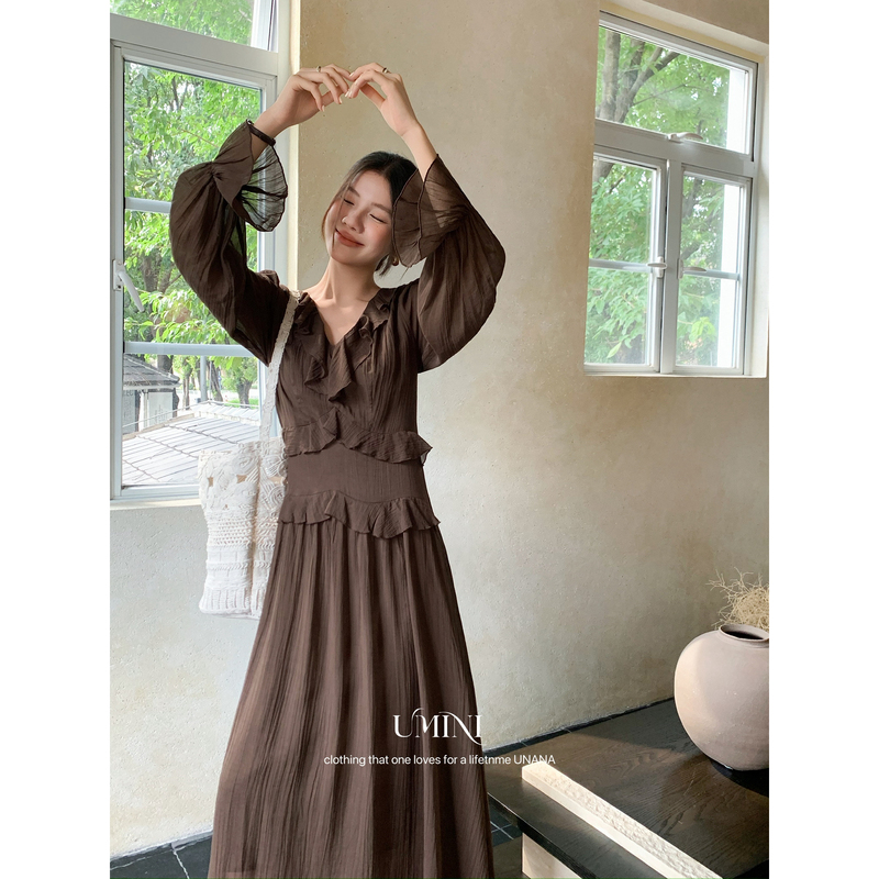 U+Mini-Women's V-Neck Multi-Layered Ruffled Waist-Cinching Layered Flared Long-Sleeve Dress F3362