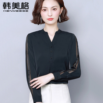 Autumn 2021 new womens black V-neck chiffon shirt womens long sleeve slim top casual size shirt tide